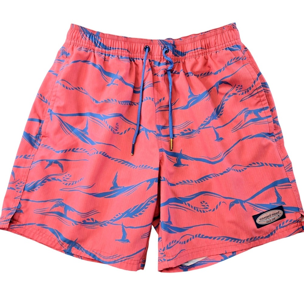 Vineyard Vines Swim Shorts Mens M Pink‎ Striped Lined Drawstring Pockets